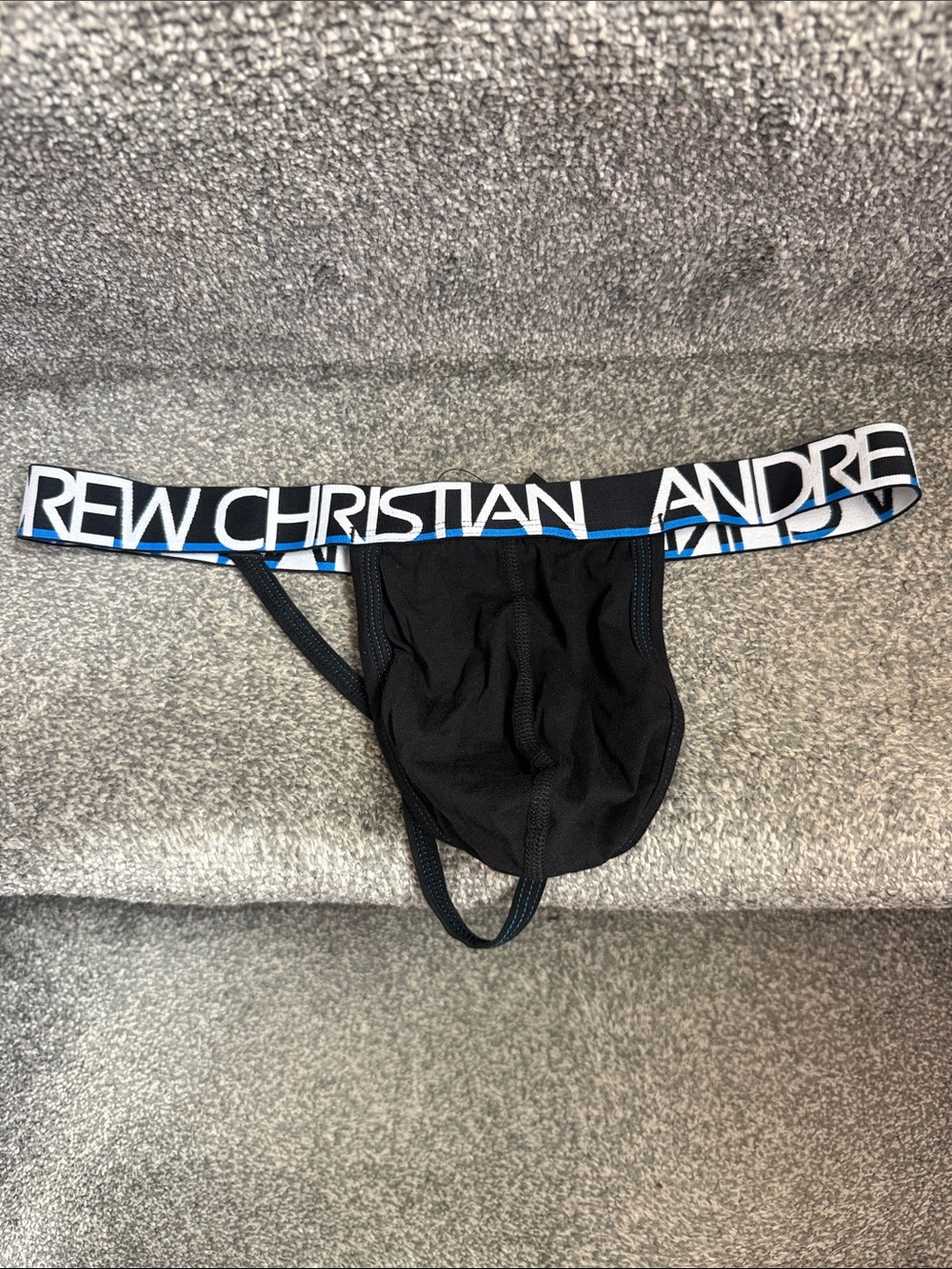 Andrew Christian Black Jockstrap with Branded White & Blue Waistband